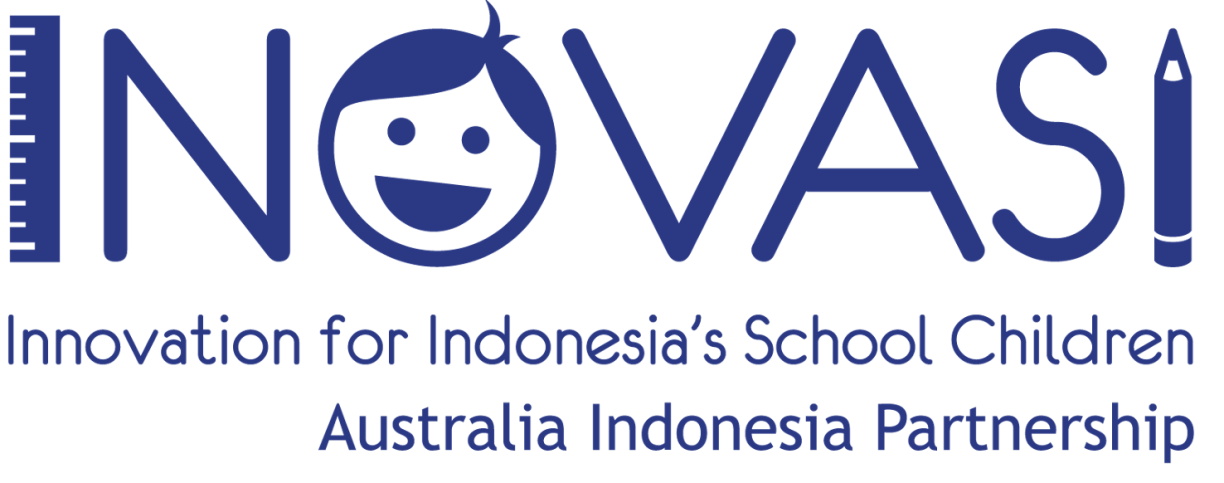 INOVASI logo showing the blue writing INOVASI (the first “I” is represented as a ruler, the “O” is represented as a smiley face and the last “I” is like a pencil) above the smaller blue writing “Innovation for Indonesia’s School Children Australia Indonesia Partnership”.